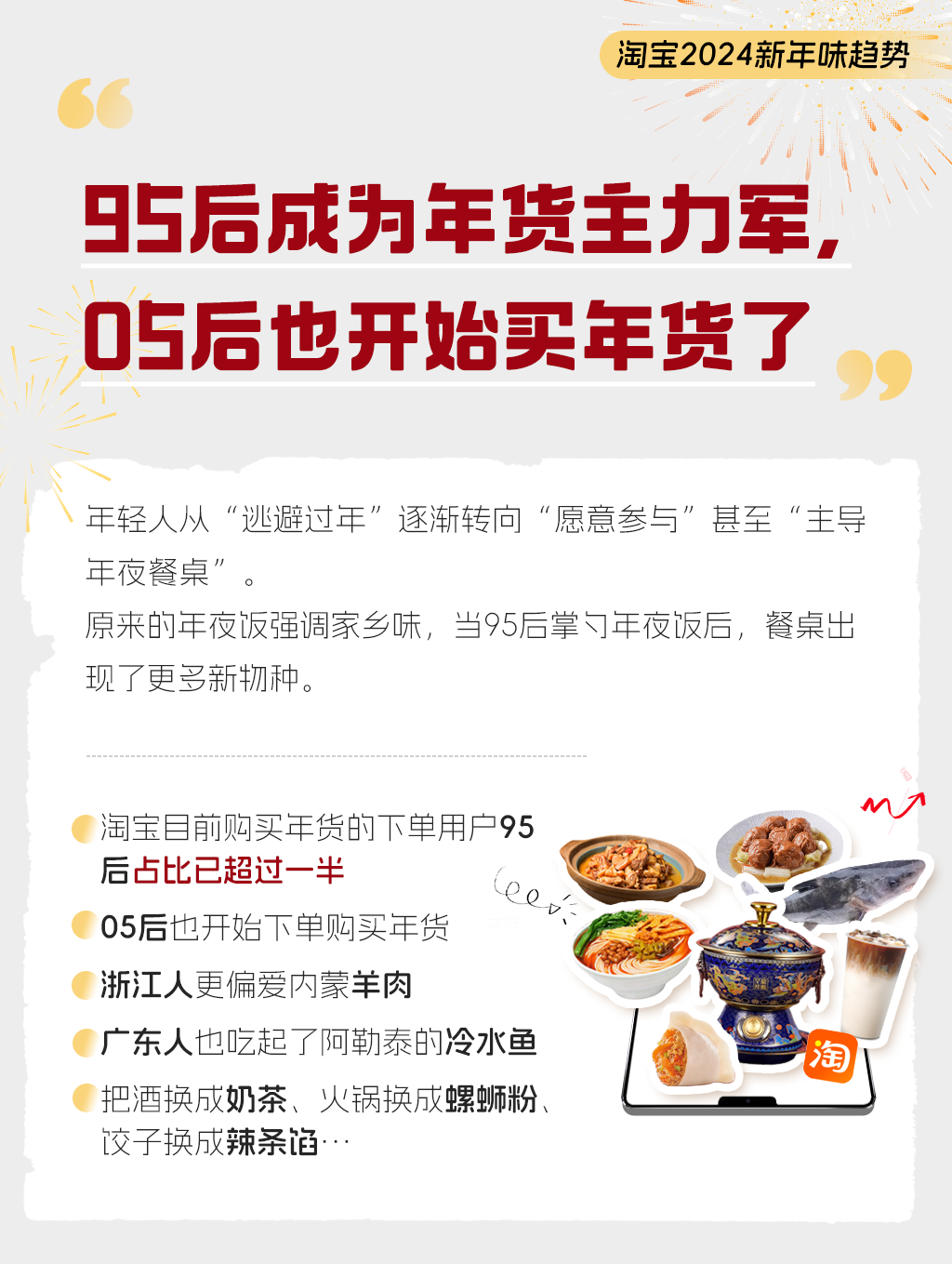 kaiyun体育全站天猫年货节发布2024新年味趋势95后主导年夜饭餐桌淘宝下单年货用户95后占比超一半(图3)