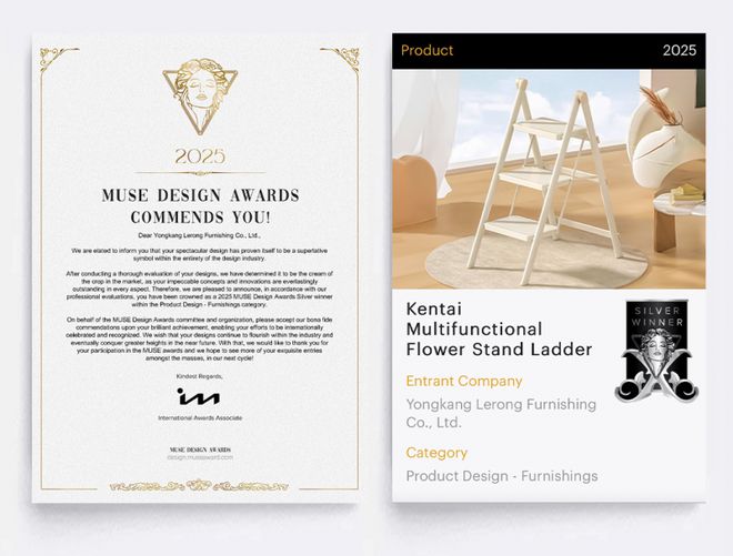 喜讯丨乐荣家居获开云体育国际认可！肯泰家用折叠梯荣获2025美国缪斯设计奖--银奖(图2)