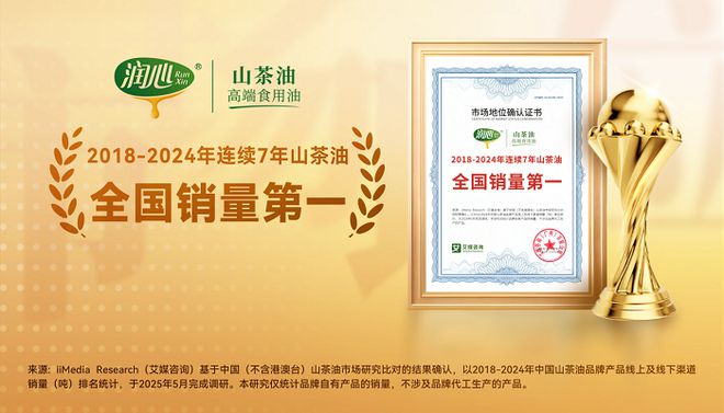 kaiyun体育网页版润心获艾媒咨询“2018-2024年连续7年山茶油全国销量第一”市场地位确认(图1)